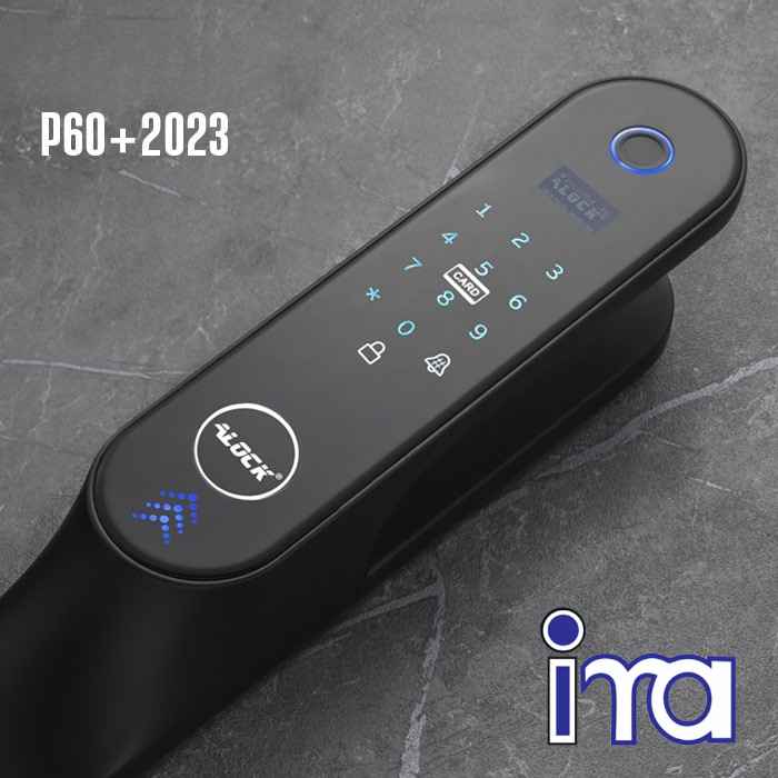 نمای اصلی قفل دیجیتال ALOCK P60+ مشکی قفل اثر انگشتی دیجیتال ALOCK مدل P60+ Black نصب شده روی درب چوبی